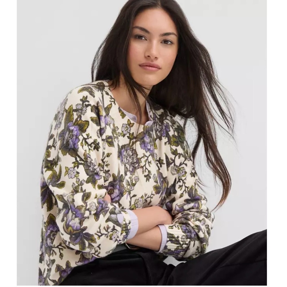 LOFT Floral Blouson Sleeve Sweater with Purple Floral and Olive Print